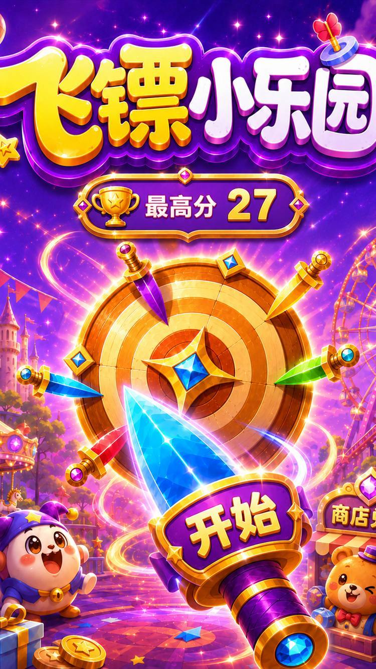 飞镖小乐园首页，展示旋转靶盘、彩色飞镖与游乐园场景